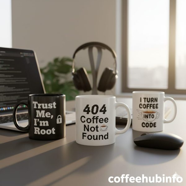 Multiple funny IT coffee mugs with quotes like “404 Coffee Not Found” and “Trust Me, I’m Root.