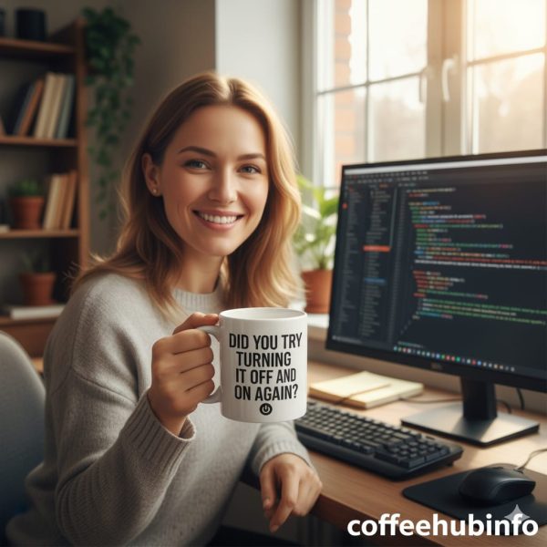 Developer holding a funny IT coffee mug that says “Did You Try Turning It Off and On Again?