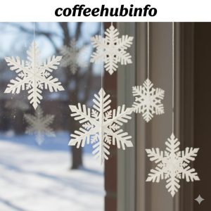 DIY coffee filter snowflakes hanging in front of a window