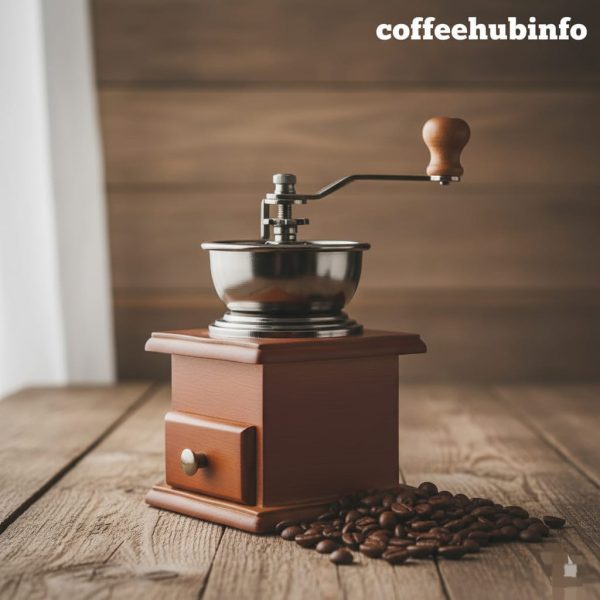 Manual hand coffee grinder beside fresh roasted coffee beans