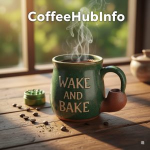 Close-up of a ceramic Wake and Bake Coffee Mug filled with steaming coffee