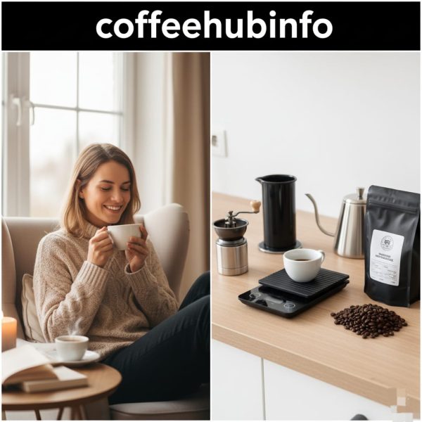 Happy person enjoying homemade coffee beside simple coffee setup