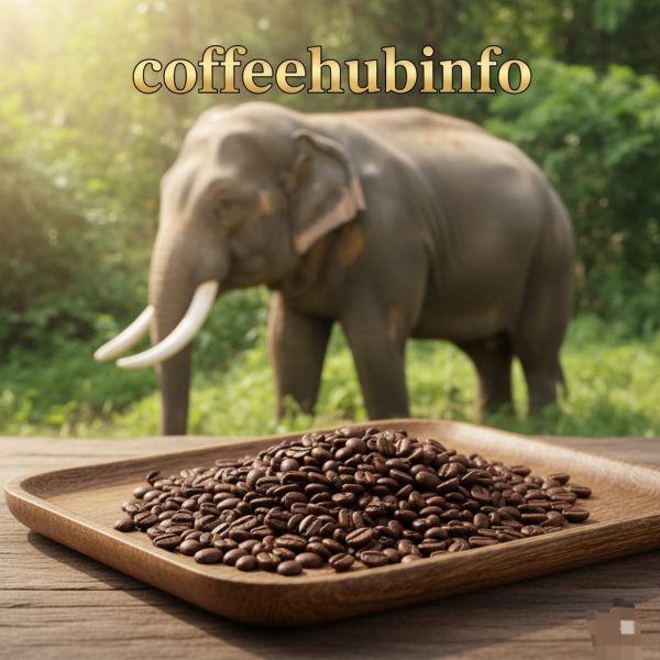 Thai elephant with coffee beans on tray — Black Ivory Coffee from natural fermentation.