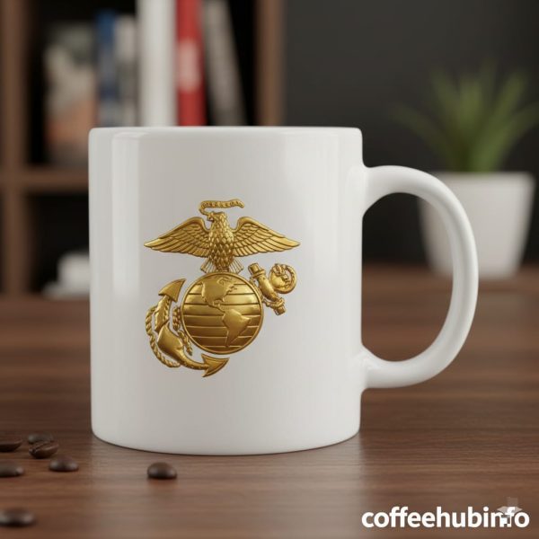 White ceramic Marine Corps coffee mug with the official Eagle Globe and Anchor emblem