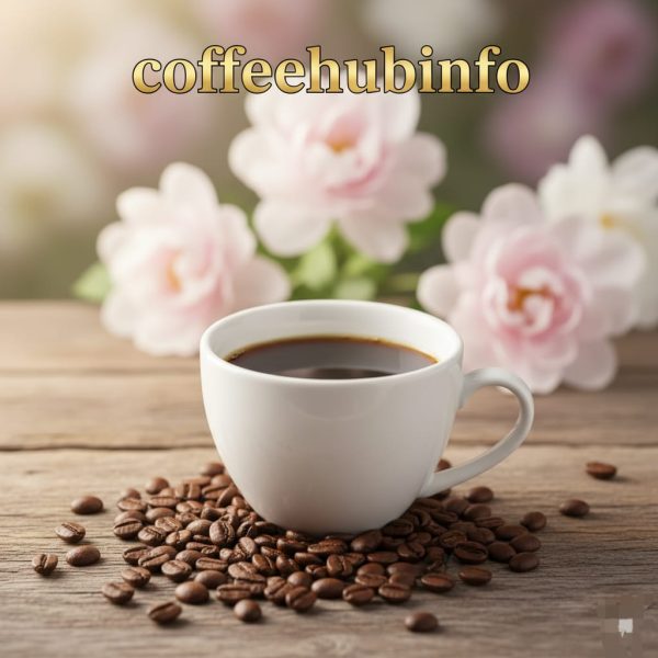 Elegant cup of Geisha coffee with floral aroma and roasted beans on table.