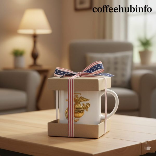 Marine Corps coffee mug arranged as a gift with patriotic ribbon