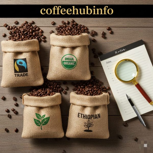 Fair Trade and organic labeled rare coffee bean bags on wooden background.