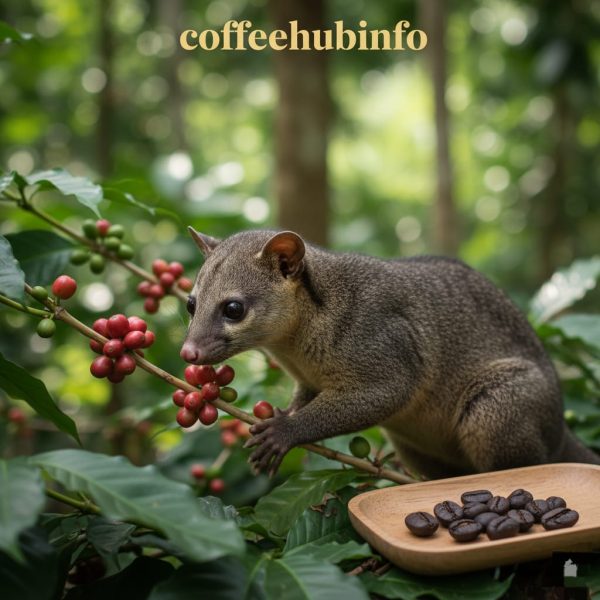 Civet cat near ripe coffee cherries and processed beans — ethically sourced Kopi Luwak coffee.