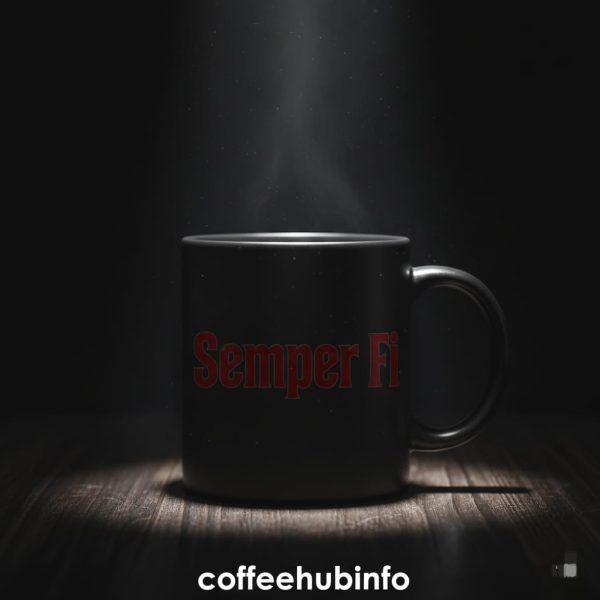 Black Marine Corps coffee mug with Semper Fi text and spotlight background