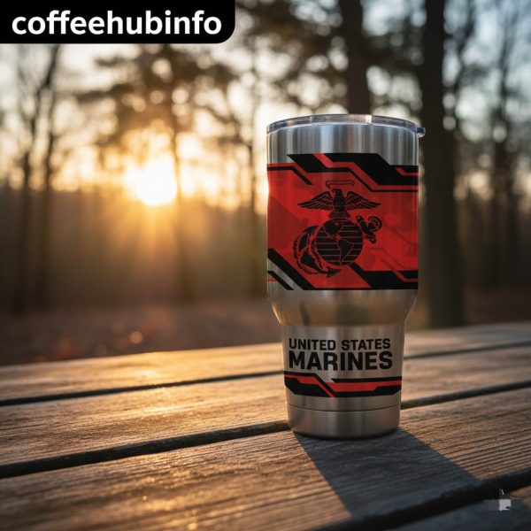 Stainless steel Marine Corps travel mug placed outdoors during sunrise