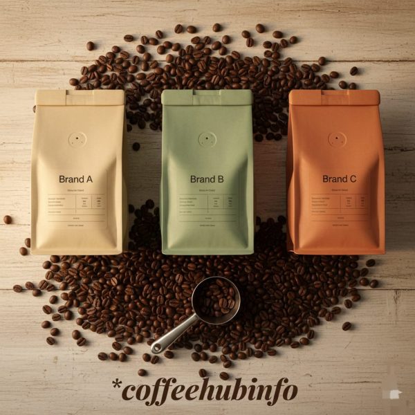flat lay of three generic coffee bags with beans and warm lighting – coffeehubinfo