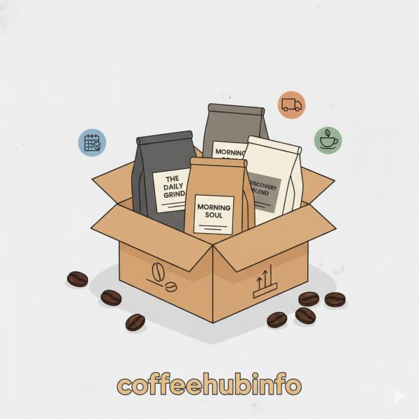 simple coffee subscription concept with box, coffee bags, and delivery icons – coffeehubinfo