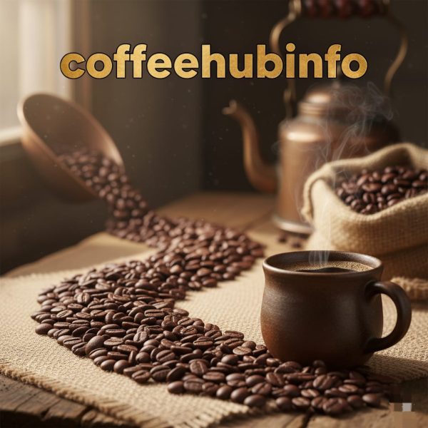 Close-up of fresh rare coffee beans on burlap sack with cup of coffee — antioxidant-rich beans.