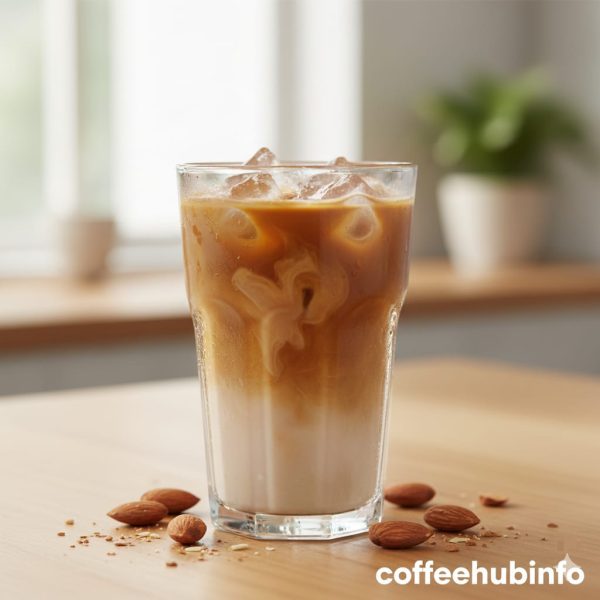 Iced coffee with almond creamer mixed in and ice cubes on top