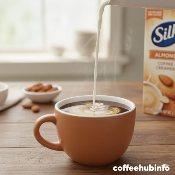 Almond coffee creamer being poured into hot coffee creating smooth swirl
